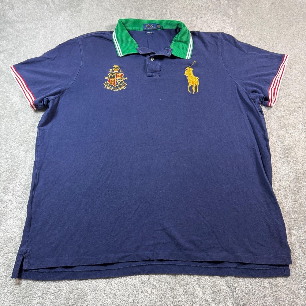 Polo Ralph Lauren Shirt Mens 2XL Blue Big Pony Crest Embroidered Green Collar